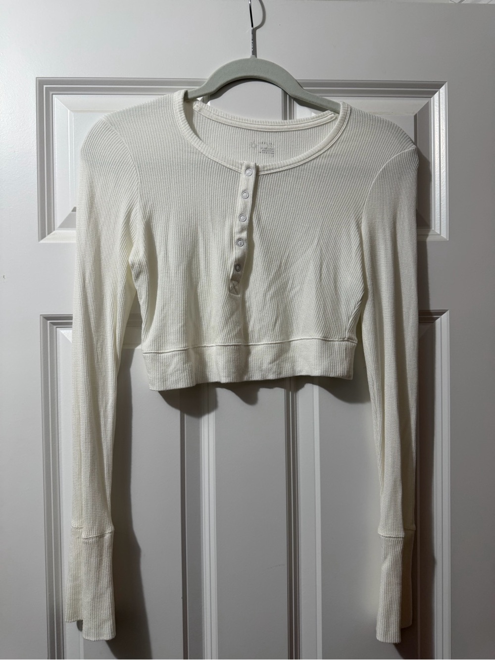 aerie White Cropped Ribbed Henley Long-Sleeve Top